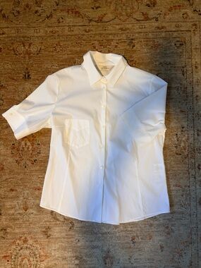 White Wide-Short-Sleeve Button-Up Blouse